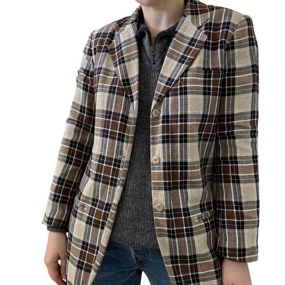 Vintage Rafaella Brown Linen Plaid Minimalistic Preppy Dark Academia Blazer Sz 6 - Picture 1 of 8